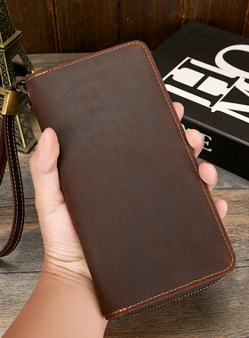 疯马皮男士钱包真皮潮流复古长款钱包RFID防磁男款手拿包真皮钱包