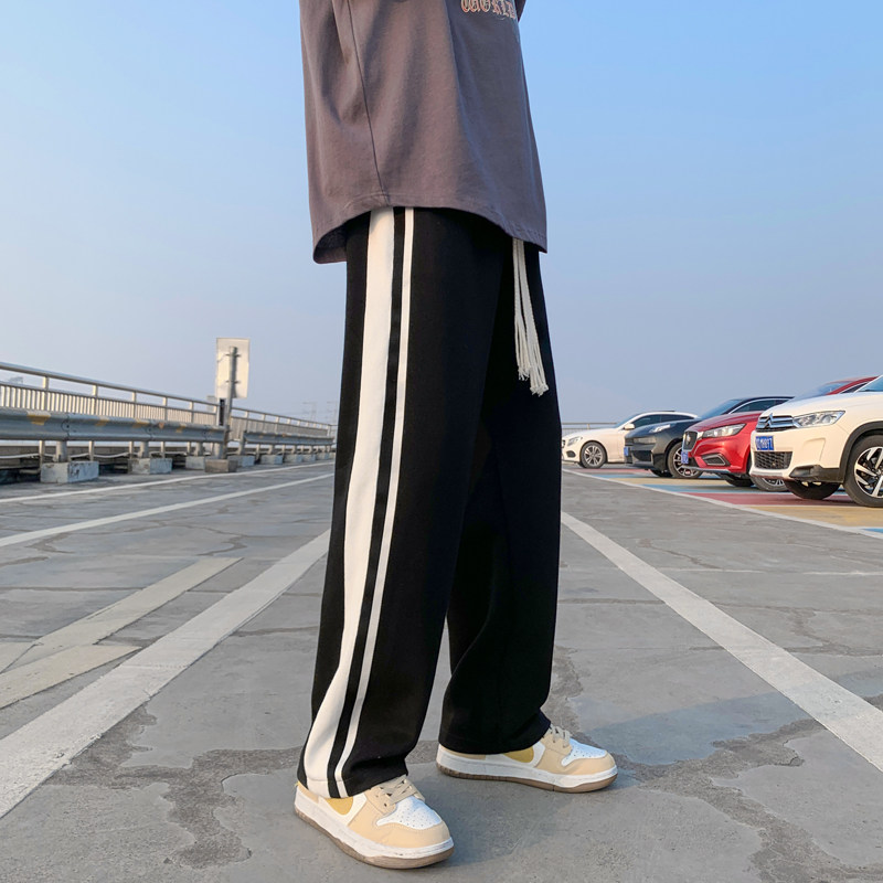 裤子男春秋侧条纹休闲裤宽松直筒阔腿裤大码高街卫裤-K332-P45黑,男装休闲裤,星座307-3(原516-1)