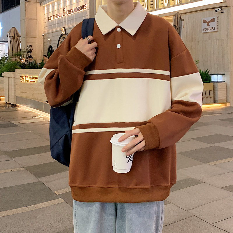 港风条纹翻领卫衣男23秋季宽松拼色polo衫长袖上衣-2386-墨绿P55,男装卫衣,星座307-3(原516-1)