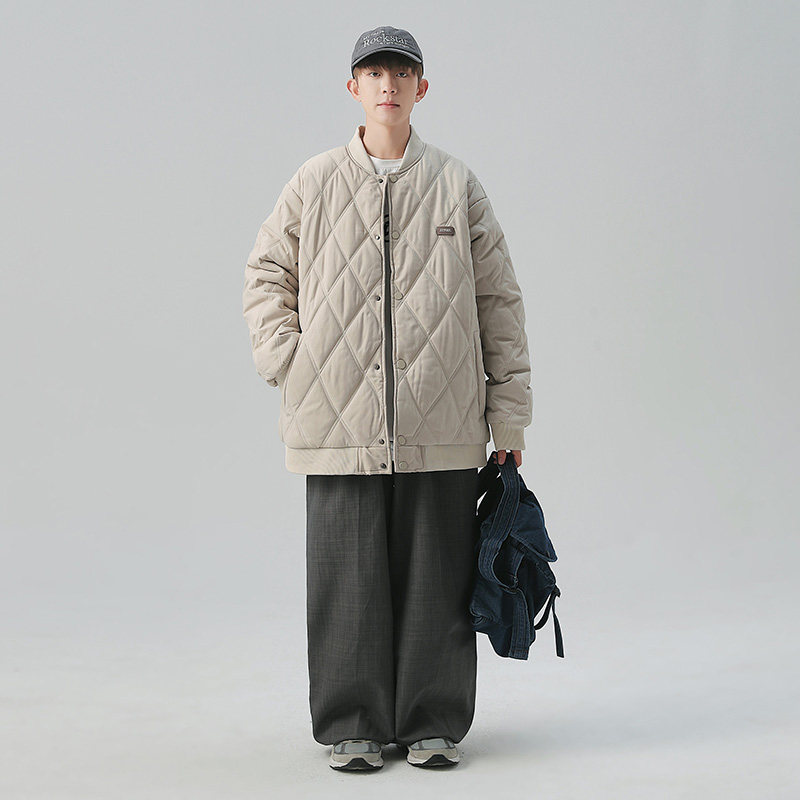 日系菱格冬季外套男士棉衣潮牌宽松情侣装工装棉服潮-M28-P85杏色,男装棉衣,星座307-3(原516-1)