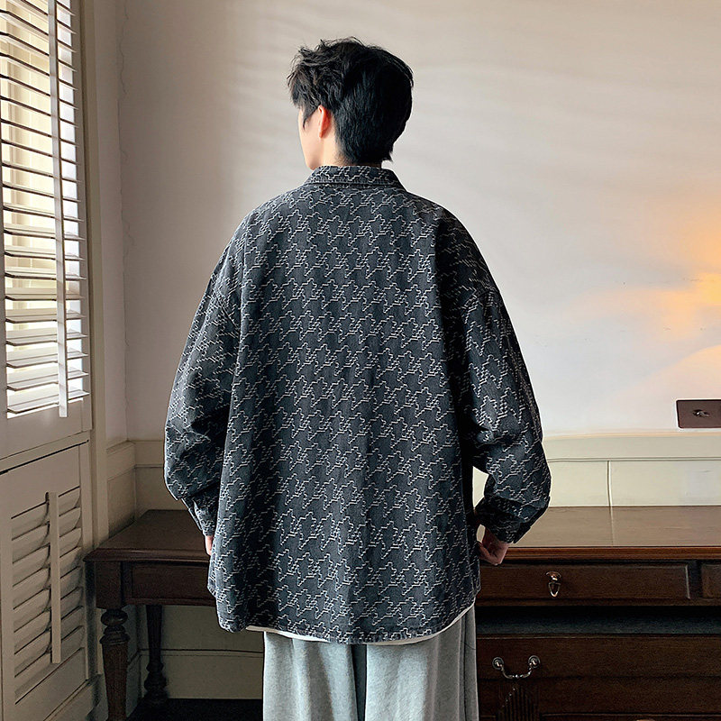 23ss新款老花满印字母衬衫外套男情侣长袖牛仔衬衣潮-CS621-P65黑,男装衬衫,星座307-3(原516-1)