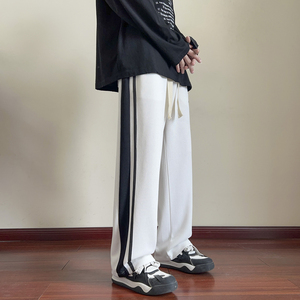 裤子男秋季运动裤条纹拼色直筒休闲裤男士宽松阔腿裤-K332-P45灰图片