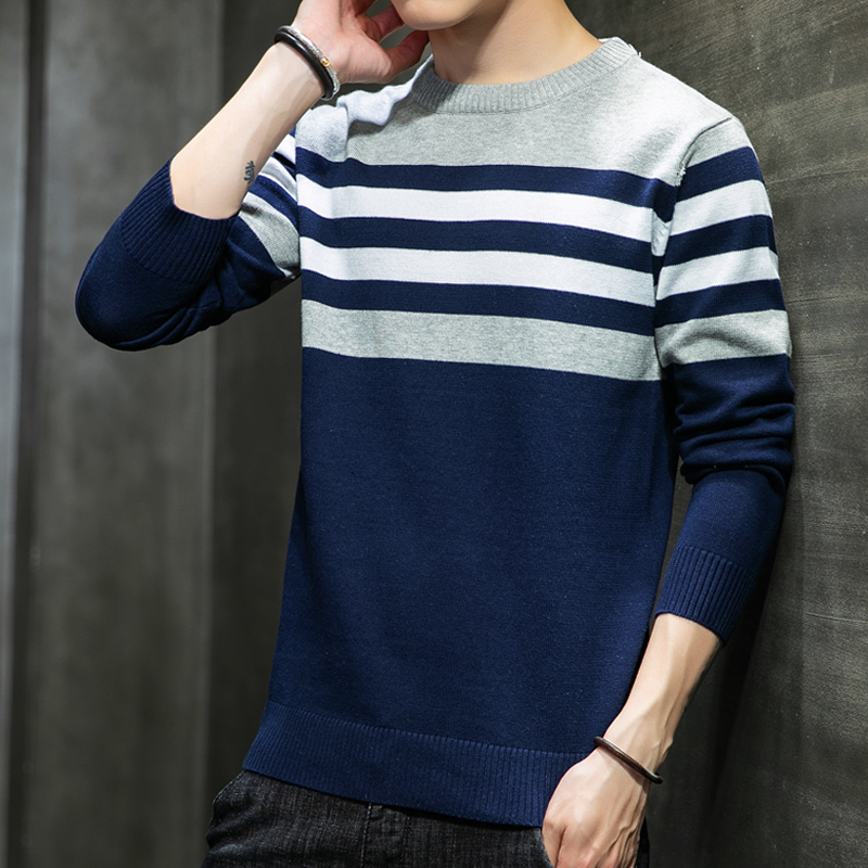 Striped contrast splicing Crew Neck Sweater men's fall 2020 men's Pullover Sweater