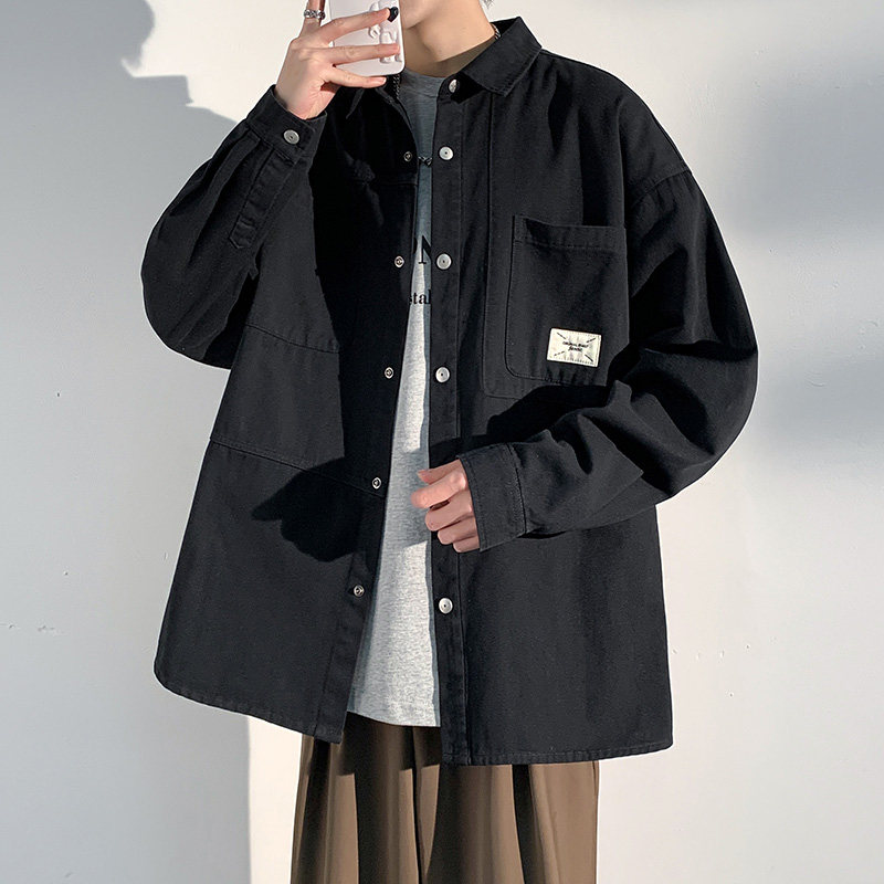 重磅水洗纯棉衬衫男日系休闲复古工装青年宽松外套男-CS620-P70黑,男装衬衫,星座307-3(原516-1)