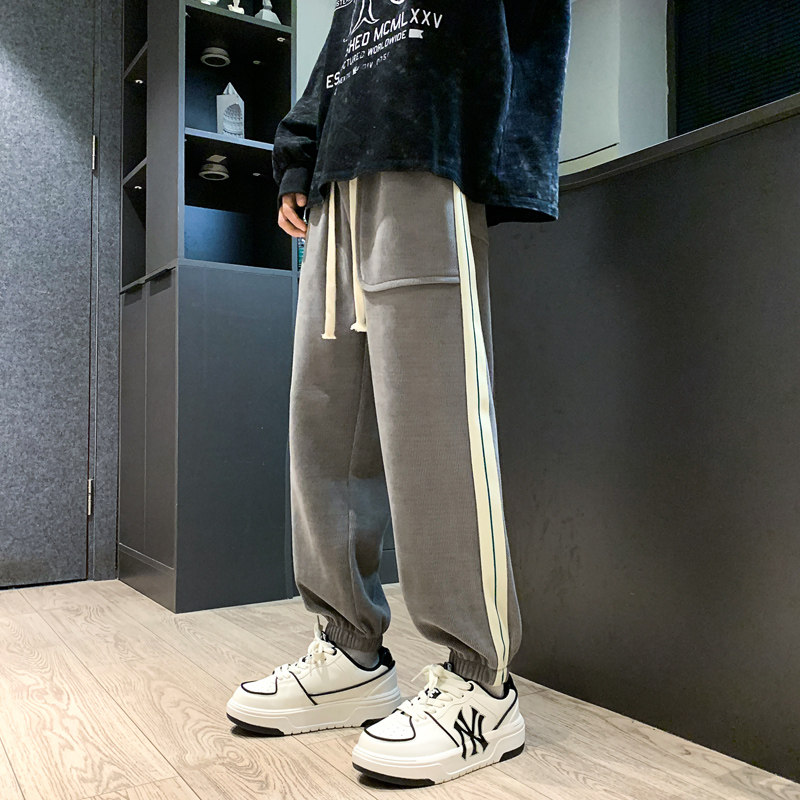 2024春夏季欧棉绒阔腿休闲卫裤男潮牌美式复古束脚裤-K666-P50黑,男装休闲裤,星座307-3(原516-1)