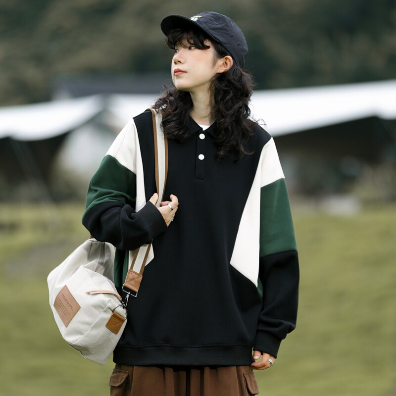 山系男女情侣款上衣设计感翻领2023秋季拼接撞色卫衣-2385-黑P55图片