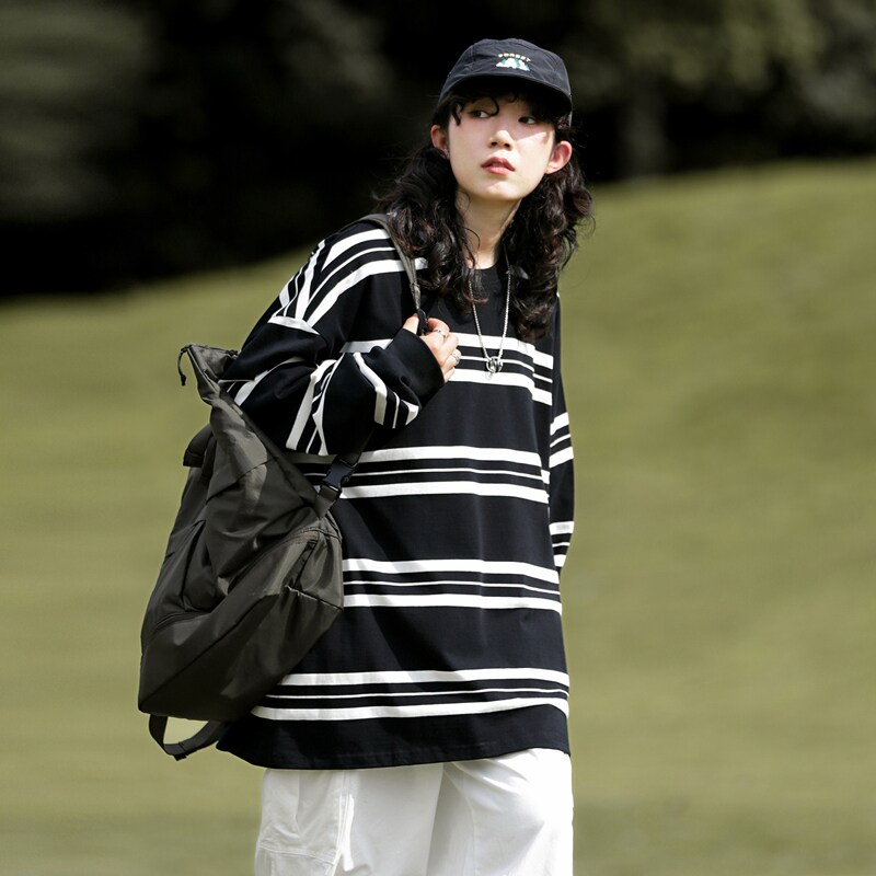 280G重磅圆领条纹打底衫美式简约T恤长袖男女情侣款潮-2396-黑P58,男装卫衣,星座307-3(原516-1)