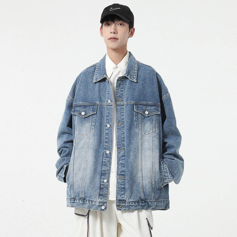 黑色牛仔外套男2024春装韩版宽松ins夹克男工装外套潮-J15-P68蓝图片