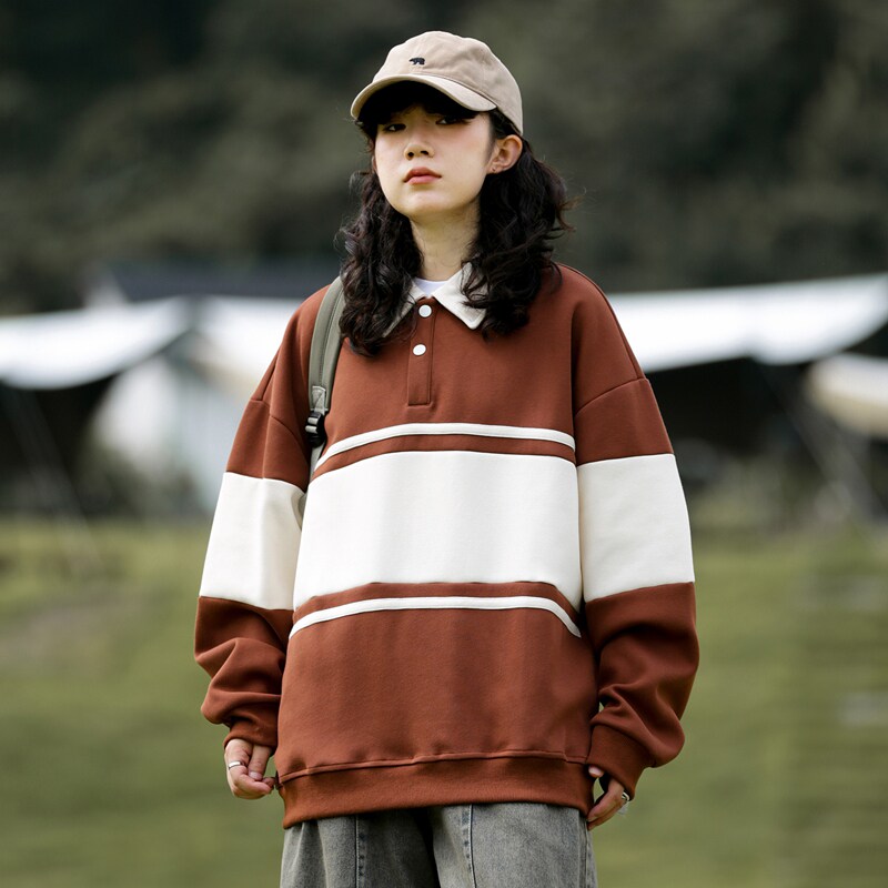 山系条纹翻领卫衣男女秋季宽松拼色polo衫长袖上衣-2386-黑色P55,男装卫衣,星座307-3(原516-1)