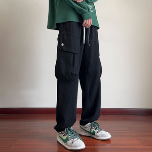 美式大码工装裤子男复古休闲长裤春秋宽松直筒裤潮-8875-P50黑色图片