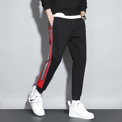 春季新款男士條紋運動褲潮流束腳修身休閒長褲紅