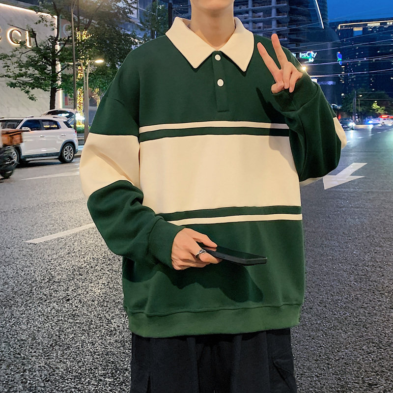 港风条纹翻领卫衣男23秋季宽松拼色polo衫长袖上衣-2386-墨绿P55图片