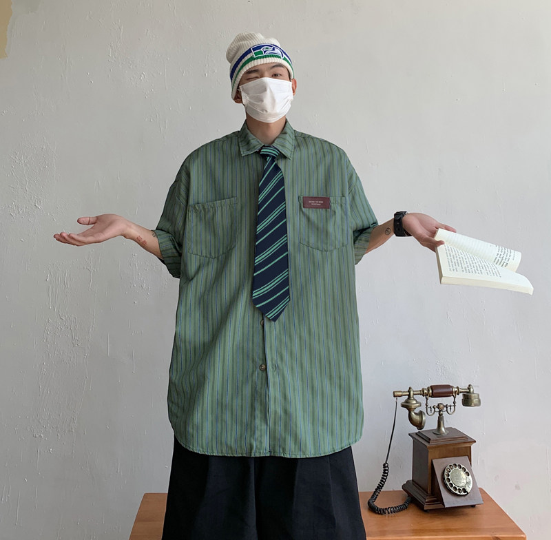 夏季衬衫男日系cityboy条纹长袖衬衣外套男-CS26-P40绿（送领带）,男装衬衫,星座307-3(原516-1)