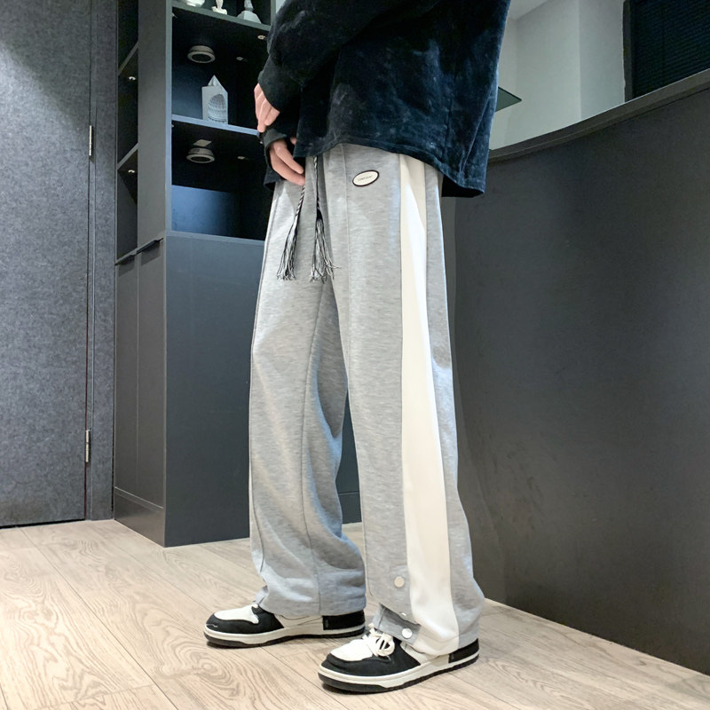 侧边排扣开衩织带条纹休闲长裤男春季美式高街直筒裤-K655-P48灰，男装休闲裤，星座307-3(原516-1)