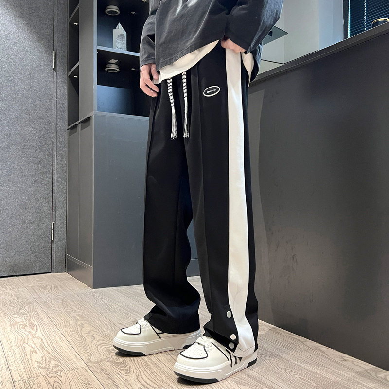 侧边排扣开衩织带条纹休闲长裤男春季美式高街直筒裤-K655-P48黑,男装休闲裤,星座307-3(原516-1)