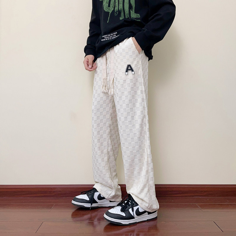 春季裤子男宽松棋盘格休闲长裤港风垂感直筒阔腿裤潮-K628-P45白图片