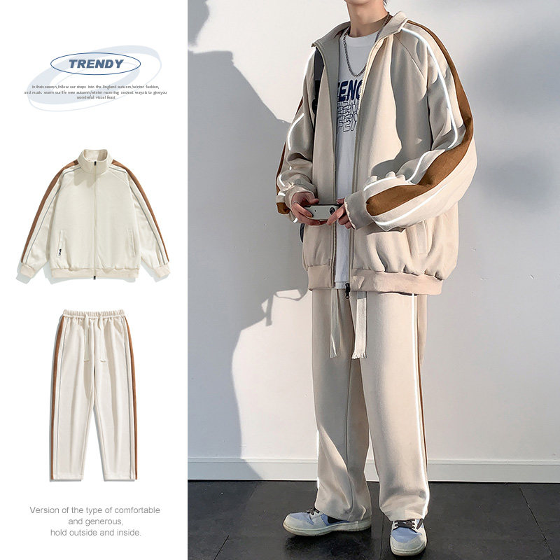 麂皮绒外套套装男2023新款春季棒球服夹克两件套-TZ8802-P115杏色图片