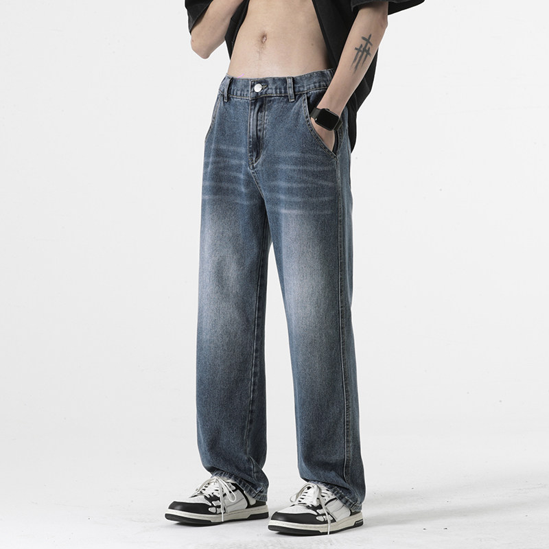 微喇牛仔长裤男修身直筒夏季美式高街vibe黑色裤子-BK303-P45蓝图片