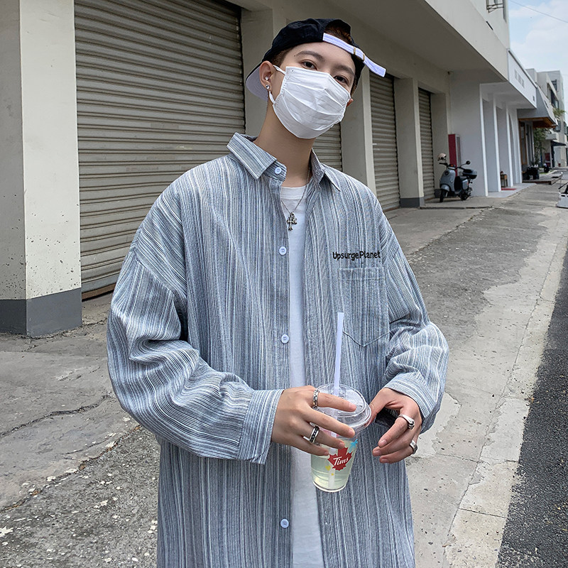 春夏长袖竖条纹衬衫男休闲港风高街bf韩版日系衬衣潮-CS80-P40灰图片