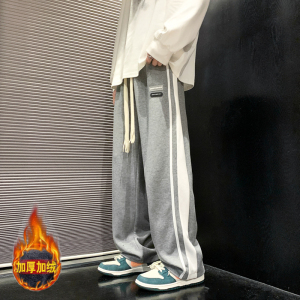裤子男冬季加绒加厚条纹休闲裤直筒阔腿裤高街卫裤-JR332-P55卡其图片