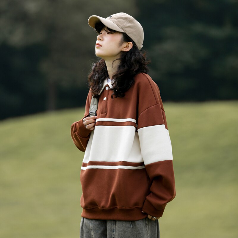 山系条纹翻领卫衣男女秋季宽松拼色polo衫长袖上衣-2386-咖啡P55图片