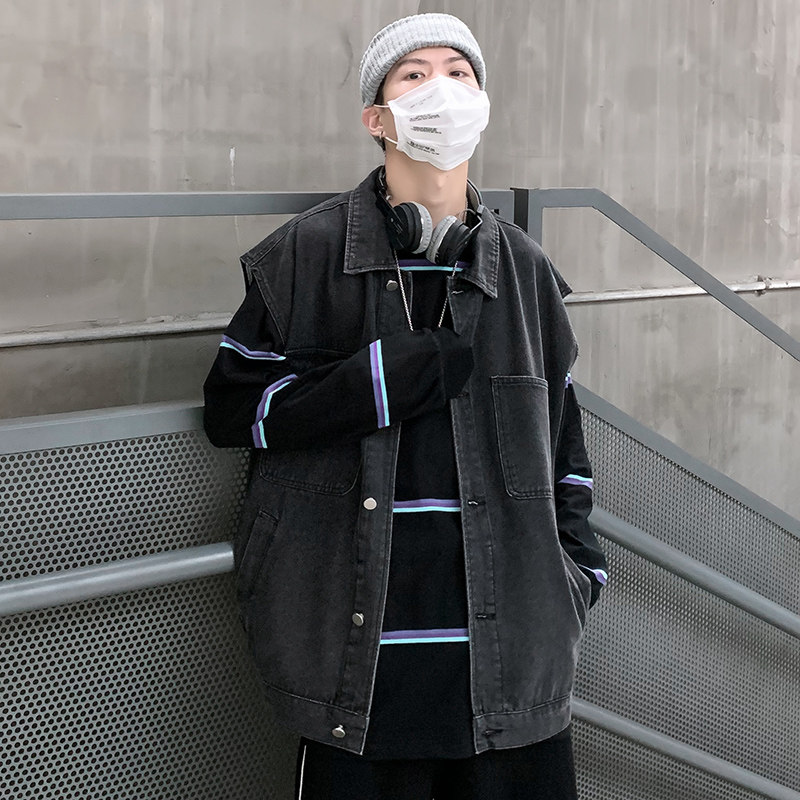 oversize牛仔马甲男女宽松百搭2023年马夹背心韩版-MJ03-P50-黑图片