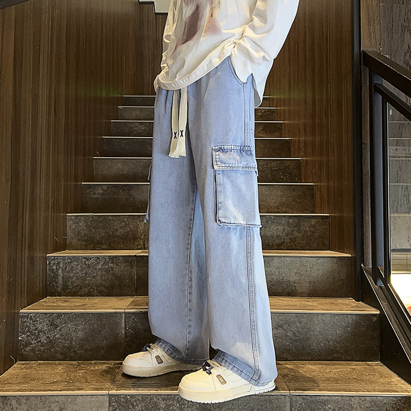牛仔裤男秋季2023潮牌高街阔腿设计感直筒工装长裤-BK801-P48浅蓝图片