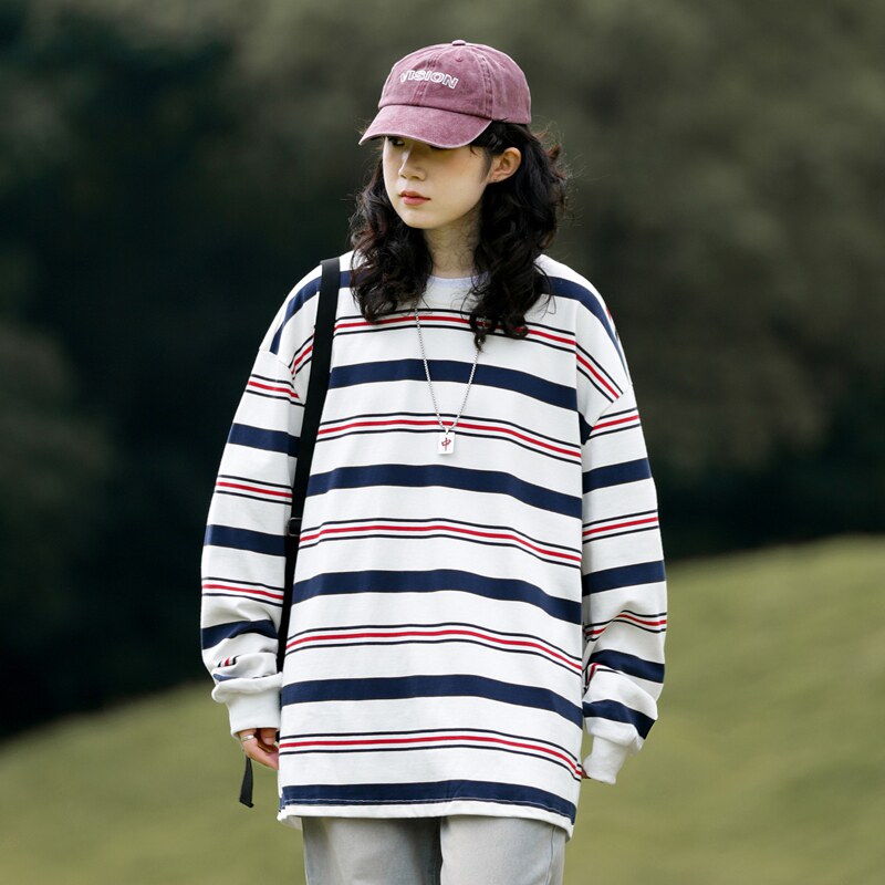 280G重磅长袖条纹情侣t恤秋山系cityboy宽松打底衫-2393-米白P58,男装卫衣,星座307-3(原516-1)