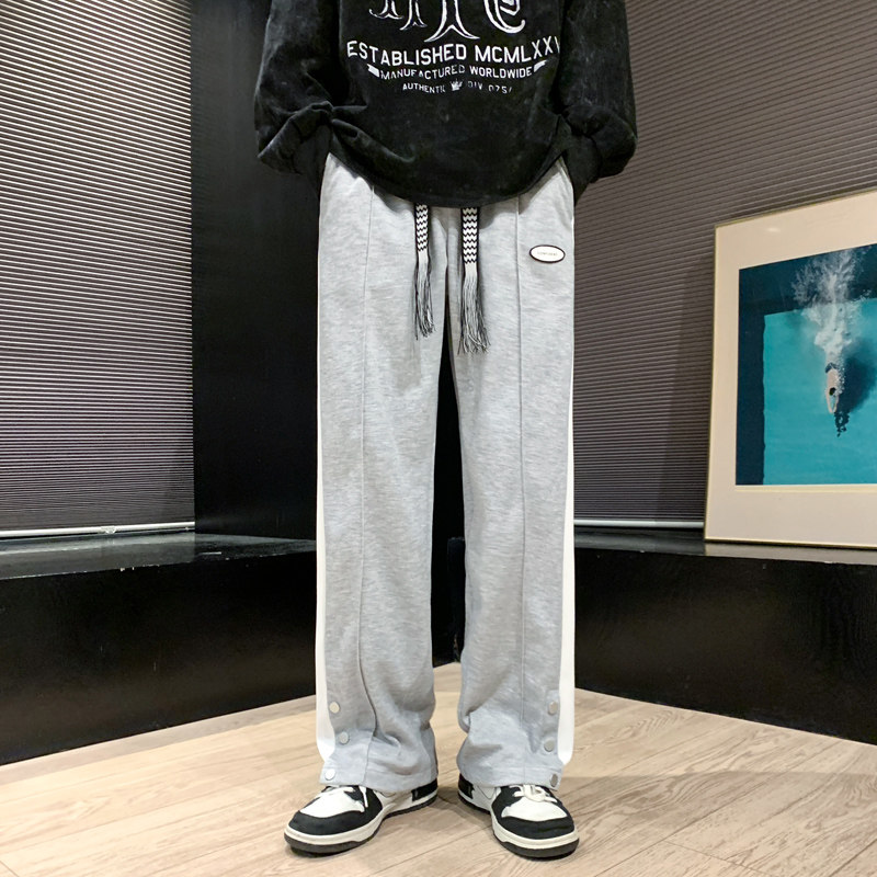 侧边排扣开衩织带条纹休闲长裤男春季美式高街直筒裤-K655-P48白,男装休闲裤,星座307-3(原516-1)