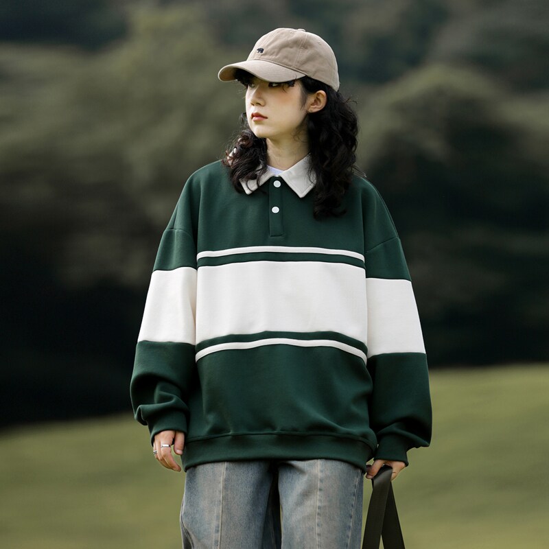山系条纹翻领卫衣男女秋季宽松拼色polo衫长袖上衣-2386-米杏P55,男装卫衣,星座307-3(原516-1)