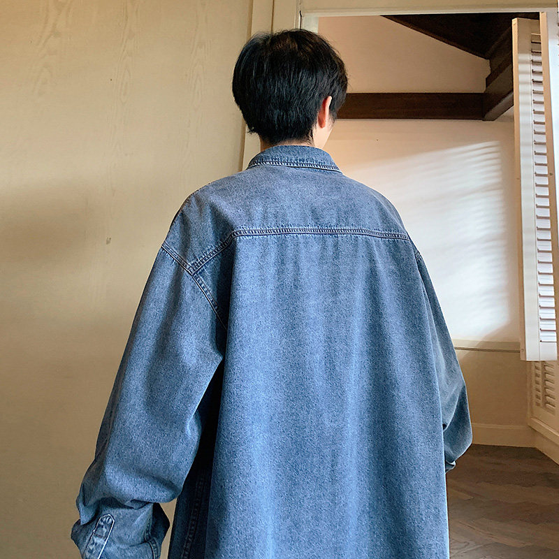牛仔长袖衬衫男秋季美式韩版简约短袖衬衣港风宽松-CS622-P60蓝,男装衬衫,星座307-3(原516-1)