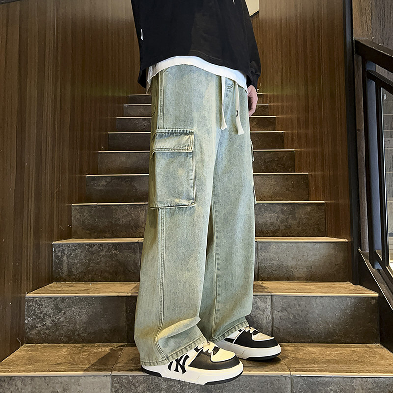 牛仔裤男秋季2023潮牌高街阔腿设计感直筒工装长裤-BK801-P48浅蓝,男装牛仔裤,星座307-3(原516-1)