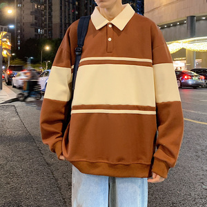 港风条纹翻领卫衣男23秋季宽松拼色polo衫长袖上衣-2386-咖啡P55图片