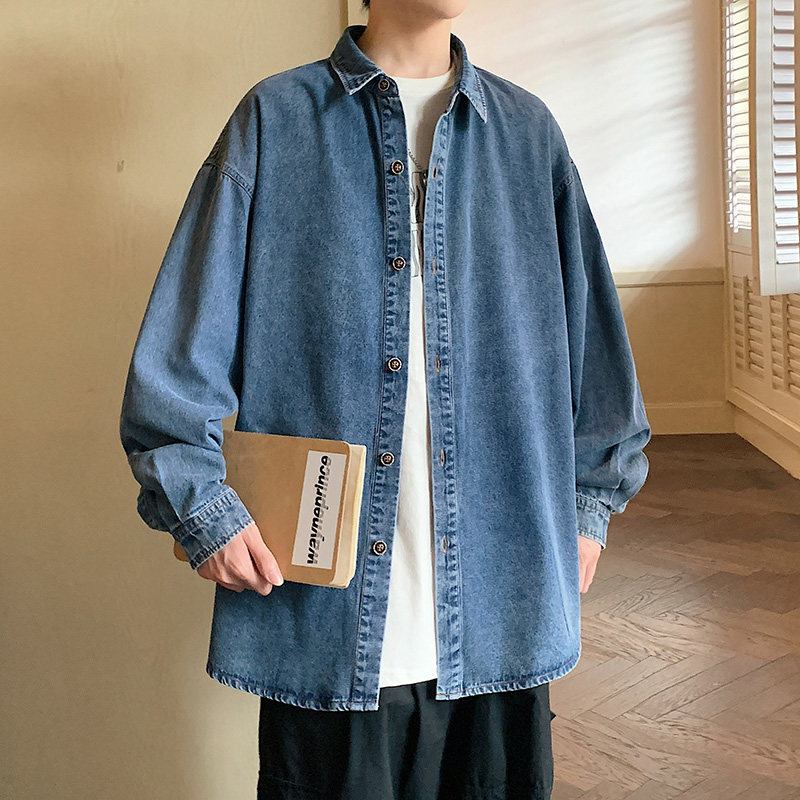 牛仔长袖衬衫男秋季美式韩版简约短袖衬衣港风宽松-CS622-P60泥黄,男装衬衫,星座307-3(原516-1)