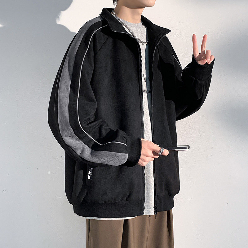 春季麂皮绒外套2024新款美式棒球服冲锋衣运动夹克-JK8802-P70黑,男装夹克,星座307-3(原516-1)