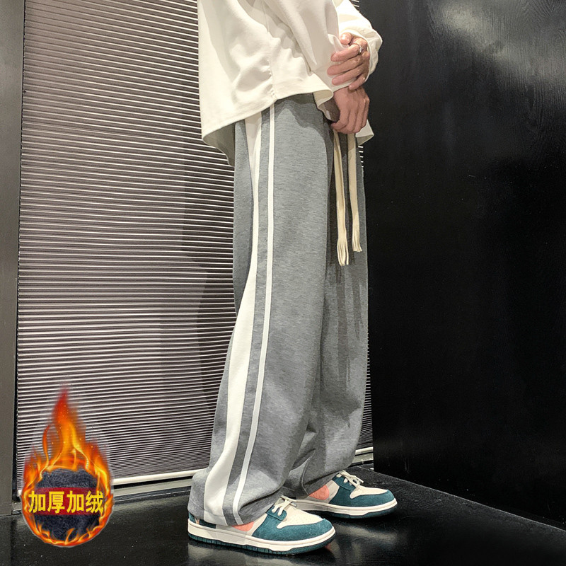 裤子男冬季加绒加厚条纹休闲裤直筒阔腿裤高街卫裤潮-JR332-P55灰,男装休闲裤,星座307-3(原516-1)