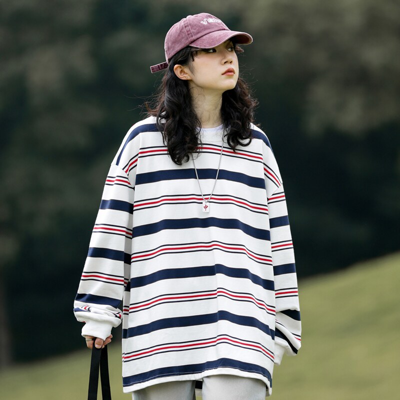 280G重磅长袖条纹情侣t恤秋山系cityboy宽松打底衫-2393-米白P58图片
