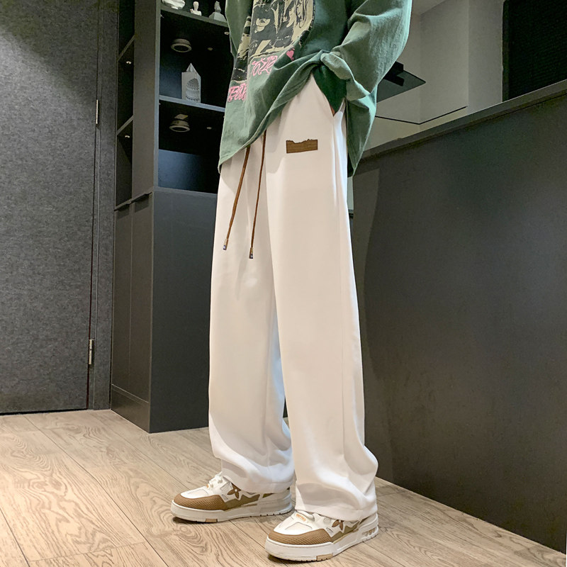 卫裤男2024秋季垂感oversize裤子宽松直筒阔腿长裤-K657-P38白色图片