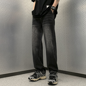 黑色牛仔裤男2024秋季高街vibe美式裤oversize微喇裤-BK303-P45图片