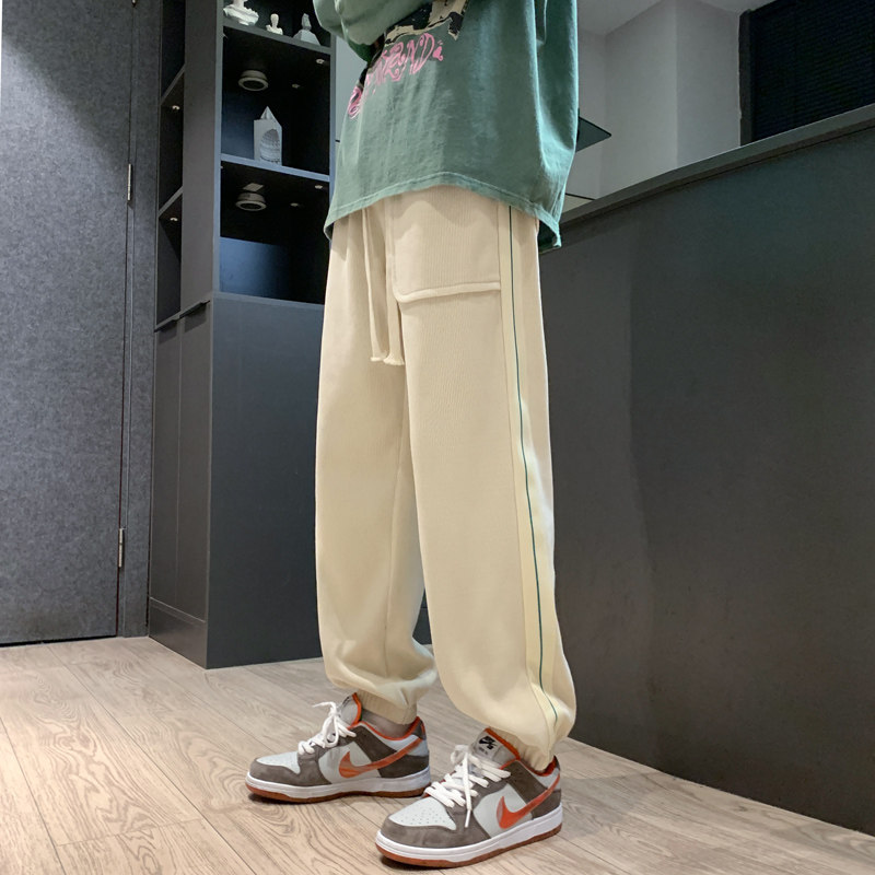 2024春季欧棉绒阔腿休闲卫裤男潮牌美式复古束脚裤-K666-P50卡其图片