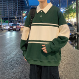港风条纹翻领卫衣男23秋季宽松拼色polo衫长袖上衣-2386-黑色P55，男装卫衣，星座307-3(原516-1)