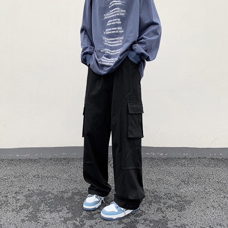 日系工装裤子男春季哈伦直筒抽绳潮牌百搭休闲长裤-K521-P40黑,男装休闲裤,星座307-3(原516-1)