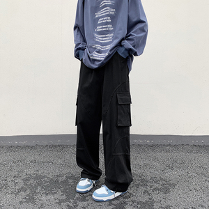 日系工装裤子男春季哈伦直筒抽绳潮牌百搭休闲长裤-K521-P40黑