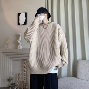 港风毛衣男冬季日系复古立体波浪纹圆领针织衫打底-M656-P50卡其图片