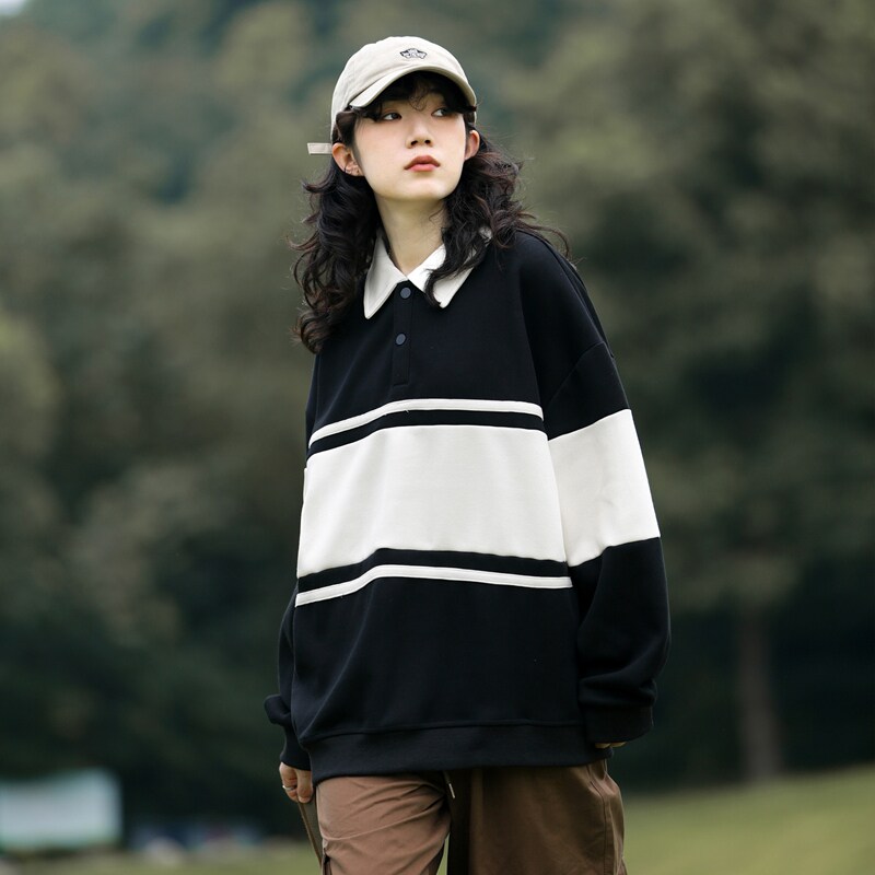山系条纹翻领卫衣男女秋季宽松拼色polo衫长袖上衣-2386-黑色P55图片