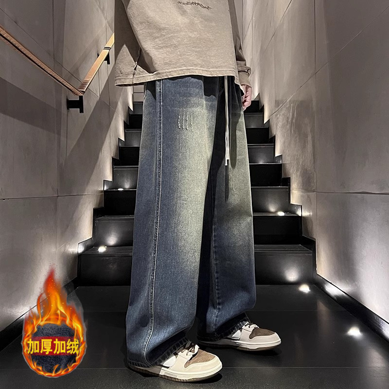直筒牛仔裤男生2024冬季复古美式水洗阔腿裤-BK126-P55-黑色加绒,男装牛仔裤,星座307-3(原516-1)