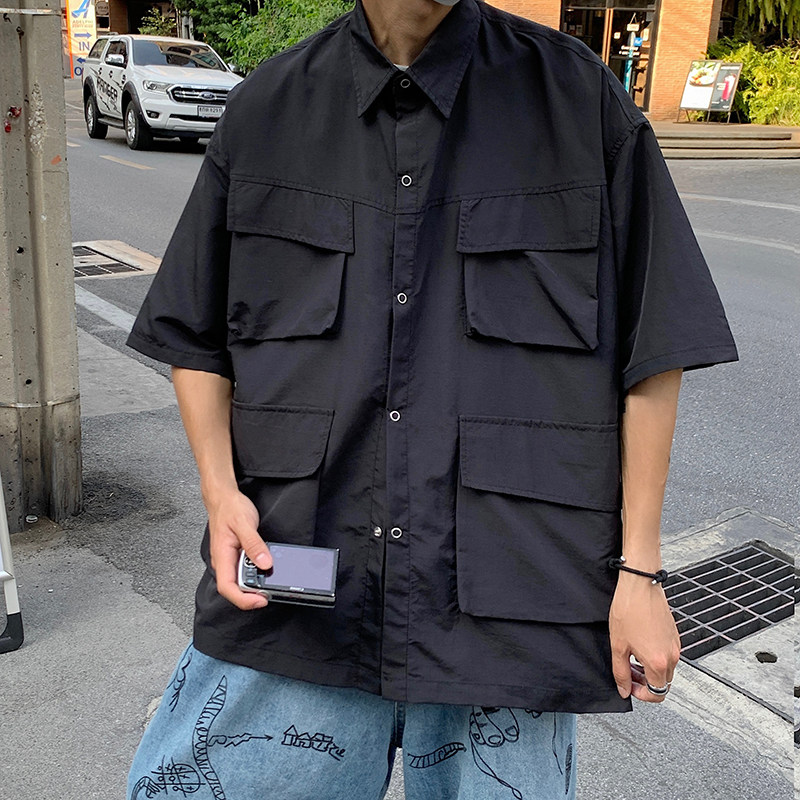 短袖工装衬衫男日系夏季宽松五分袖休闲上衣学生衬衣-CS31-P38黑图片