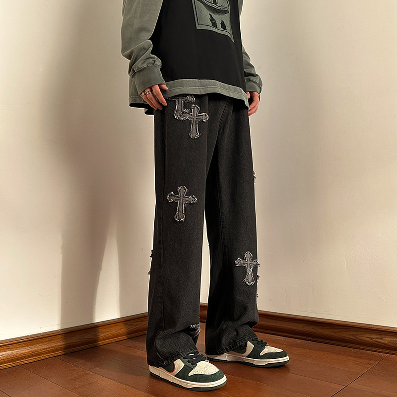 十字架牛仔裤美式高街男春季复古vibe直筒宽松裤子潮-6018-P40蓝,男装牛仔裤,星座307-3(原516-1)
