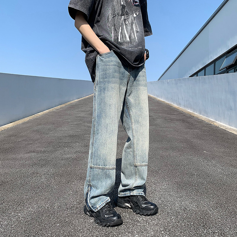 美式休闲侧拉链水洗做旧黑色牛仔裤男女修身直筒长裤-1035-P50黑,男装牛仔裤,星座307-3(原516-1)