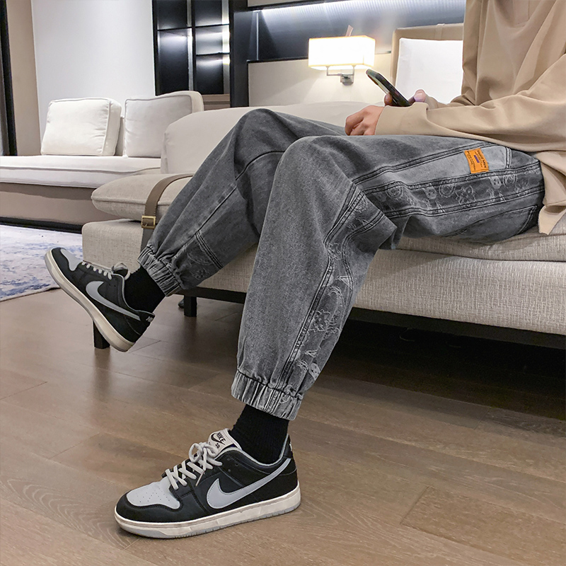 春秋季港风腰果花牛仔裤男宽松抽束脚休闲老爹九分裤-A10-P45黑灰，男装牛仔裤，星座307-3(原516-1)